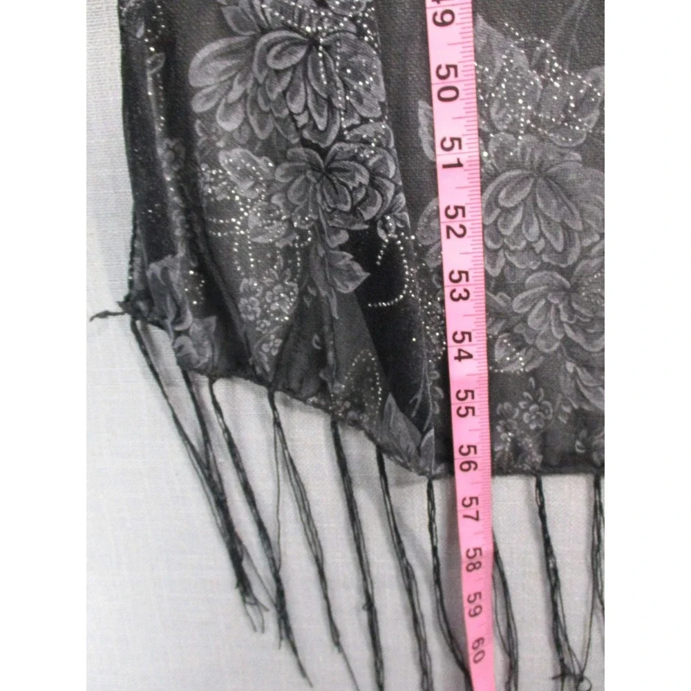 Black Floral Mesh Wrap Scarf Silver Glitter Sheer Goth with Fringe Trim 54x18.5‎
